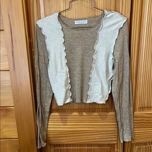 Brown and Cream Long Sleeve Crop Blouse with Asymmetrical Design